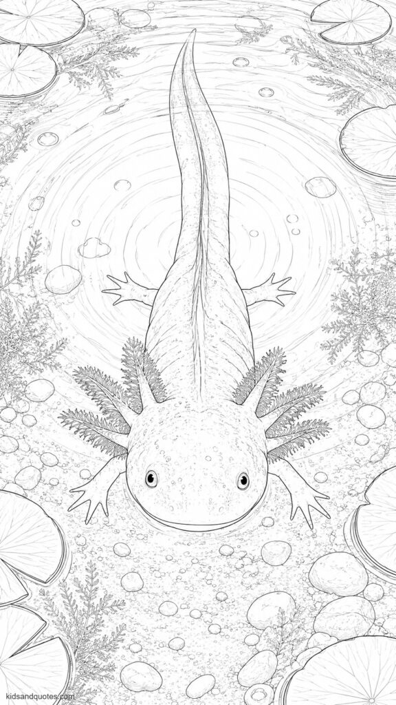 Realistic axolotl viewed from above looking upward, as if the viewer is looking down through the water surface at it.