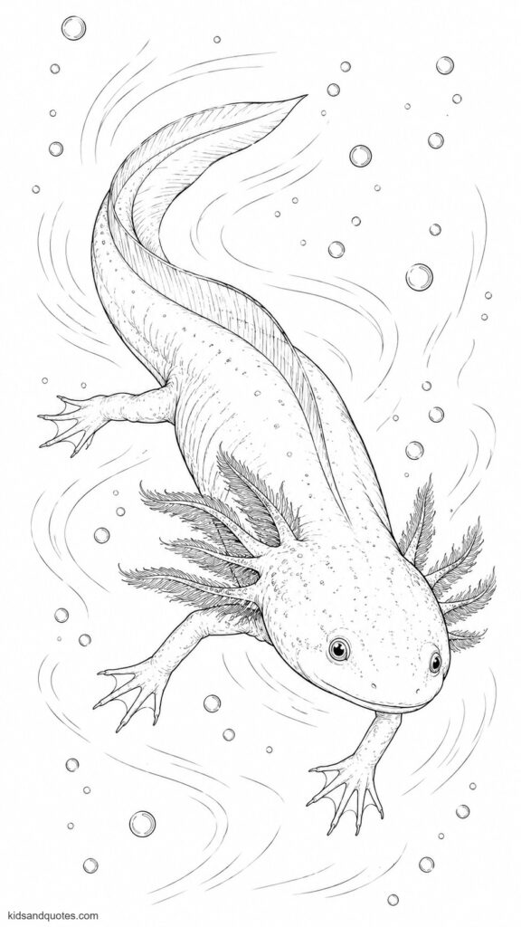 Detailed coloring page: Realistic axolotl mid-swim, body gently undulating, webbed feet trailing, surrounded by realistic water ripples and fine bubble detail.