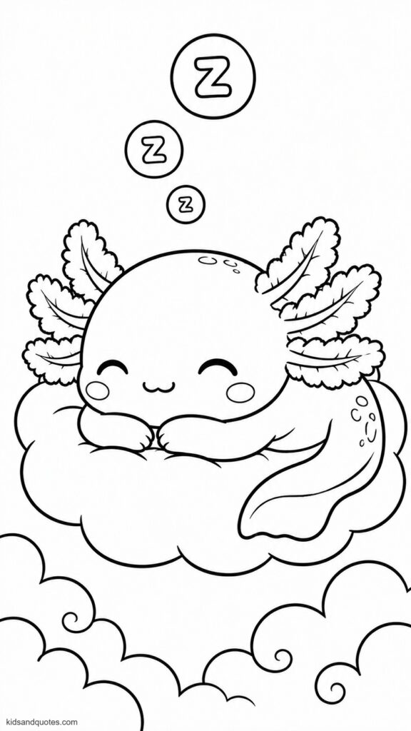 Coloring page of a Sleepy kawaii axolotl curled up on a cloud with closed crescent eyes, tiny "zzz" letters floating above its head.