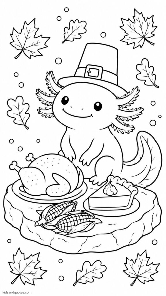Coloring page: Thanksgiving axolotl wearing a tiny Pilgrim hat sitting beside a mini feast a small turkey, pie, and corn arranged on a rock.