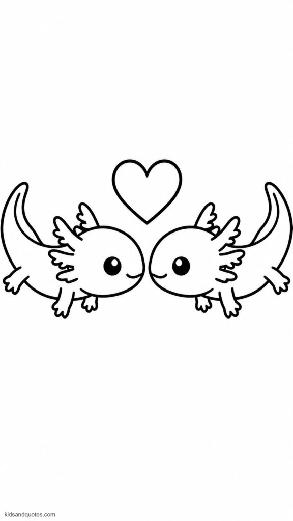 Two baby axolotls swimming nose-to-nose with a tiny heart between them, set against a simple plain background with bold outlines.