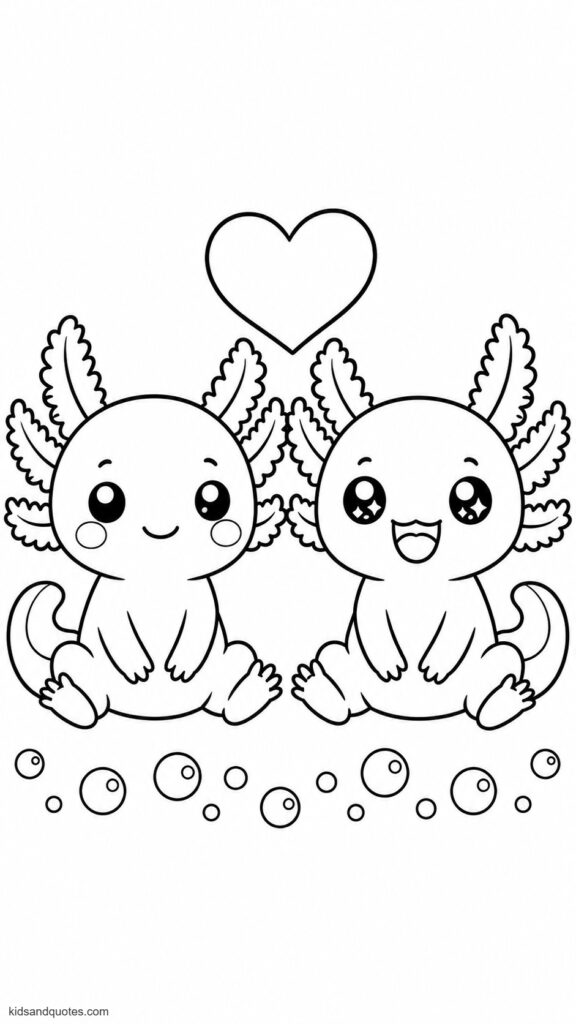 Coloring page of a Two kawaii axolotls side by side one blushing, one giggling with a heart between them and bubble trails beneath.