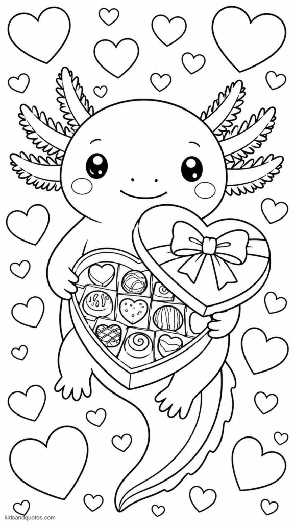 Coloring page of a Valentine's Day axolotl holding an oversized heart-shaped box of chocolates, surrounded by floating pink and red hearts.