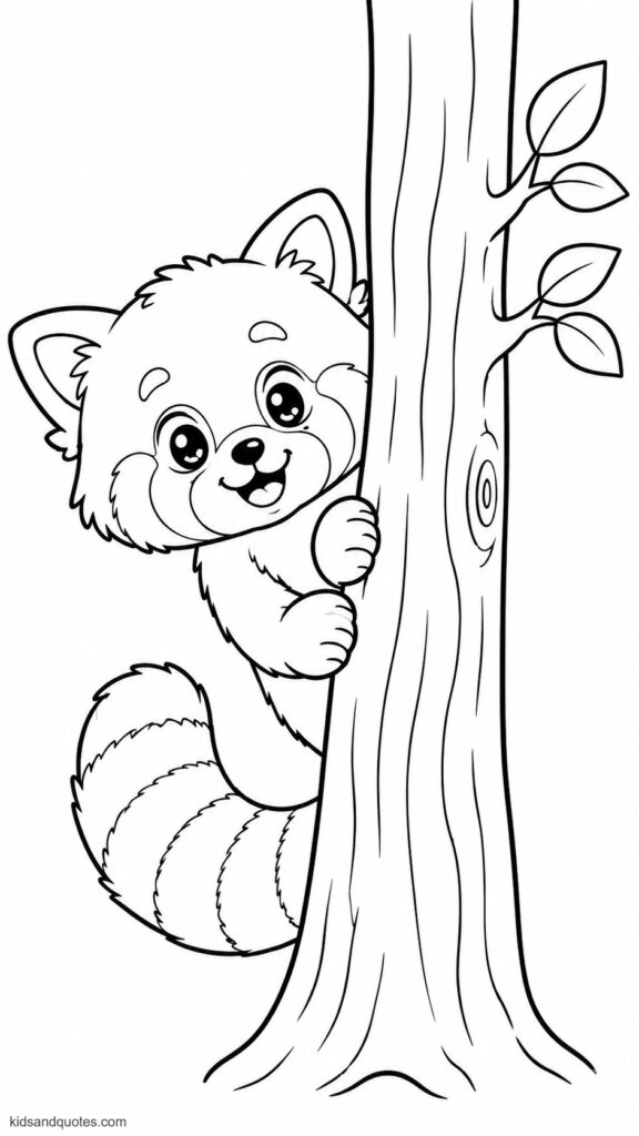 Coloring sheet of a playful red panda peeking from behind a tree trunk - big bright eyes, a smiling mouth, fluffy cheeks, and striped tail rings.