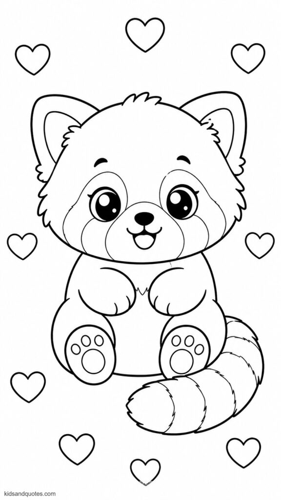 Coloring page of a baby red panda sitting in the center surrounded by little hearts.