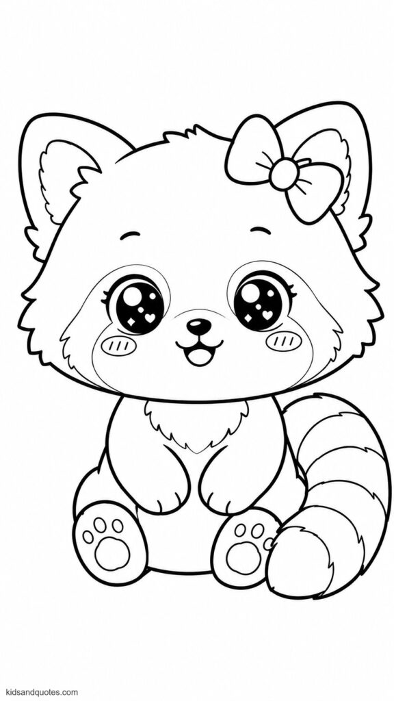 Coloring sheet: A baby red panda wearing a small bow on its head or near one ear - huge cute eyes, blushing cheeks, tiny paws, and a fluffy striped tail.