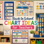 Colorful back-to-school chart ideas for teachers, including classroom rules, daily schedule, calendar, feelings check-in, word wall, marble jar, and number of the day charts.