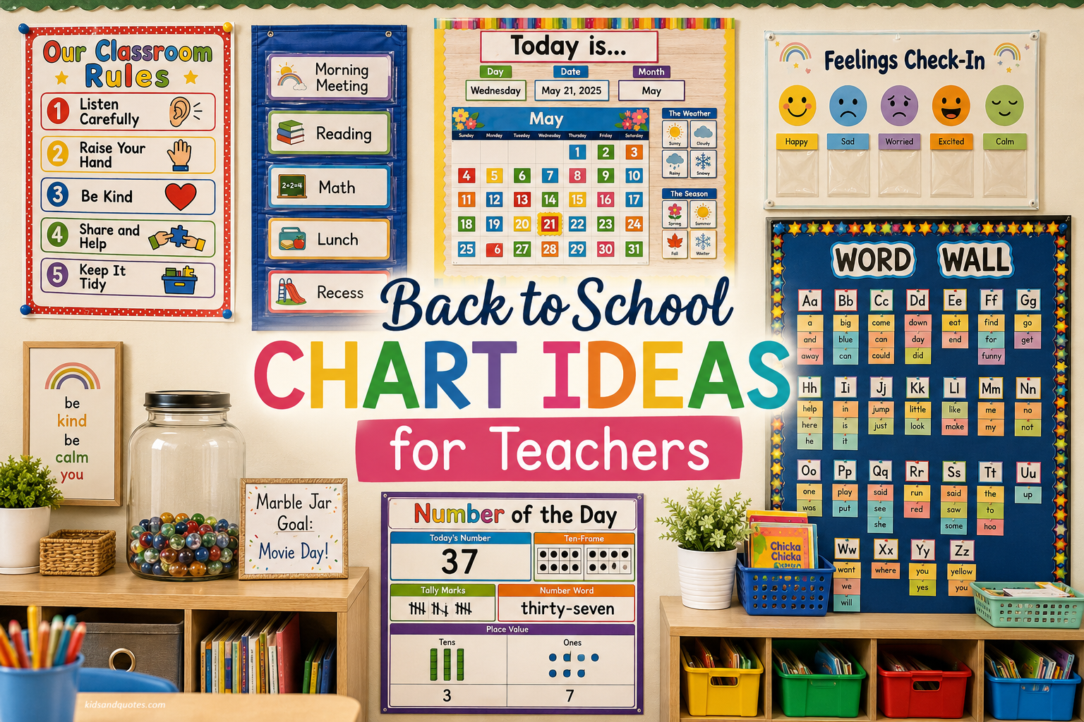 Colorful back-to-school chart ideas for teachers, including classroom rules, daily schedule, calendar, feelings check-in, word wall, marble jar, and number of the day charts.