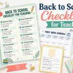 Back to school teacher printables, including a classroom checklist, first week schedule, and contact info card.