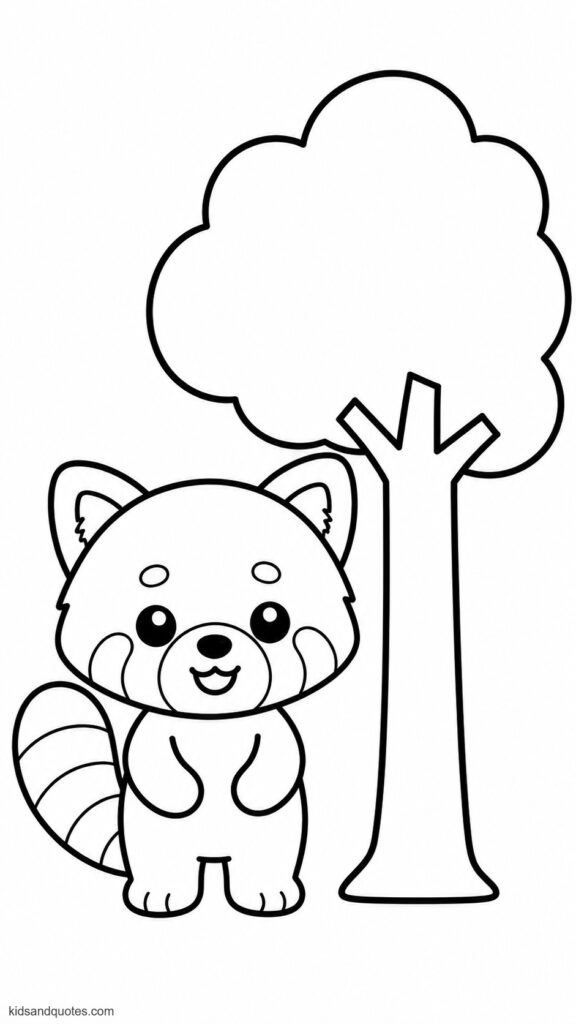 Coloring page: A simple red panda standing beside a tree, a friendly smile, big eyes, and minimal detail.