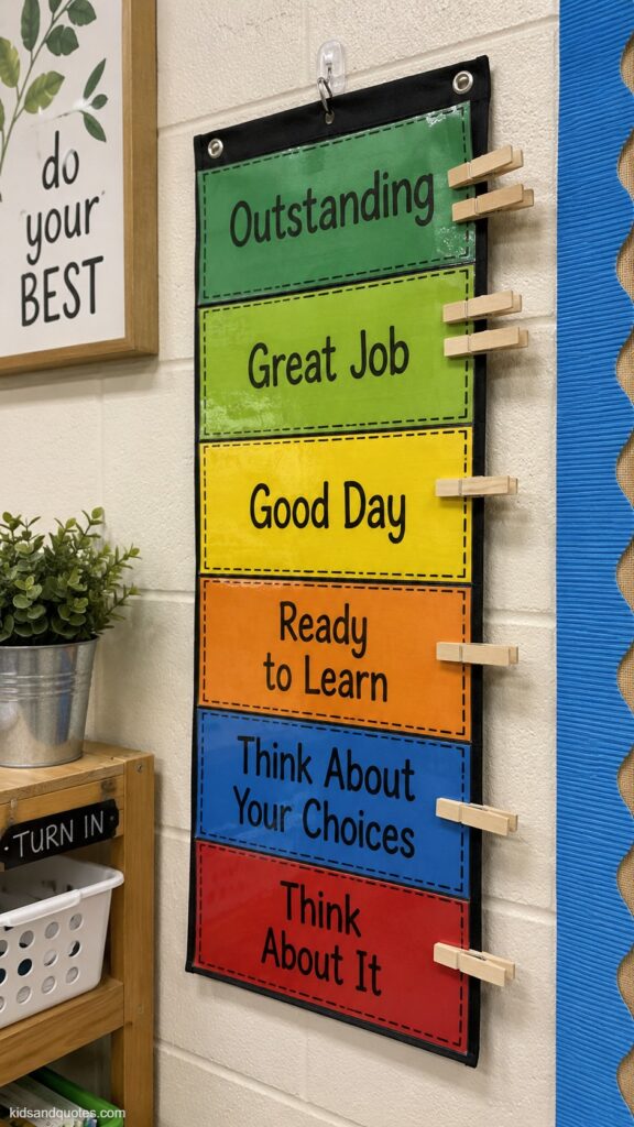 A vertical behavior clip chart mounted on a classroom wall, color-graded strip from "Outstanding" at top (green) to "Think About It" at bottom (red), small wooden clothespins clipped along the side.