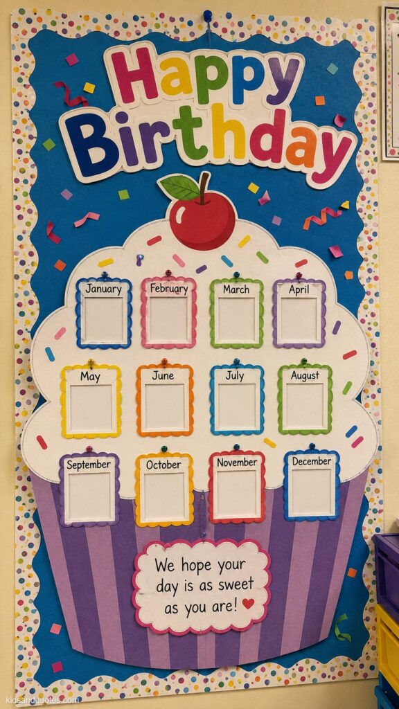 A classroom birthday display board shaped like a cupcake or calendar wheel, small photo-frame cutouts labeled with months, colorful confetti-style border, "Happy Birthday" bubble-letter heading, mounted on a bulletin board.