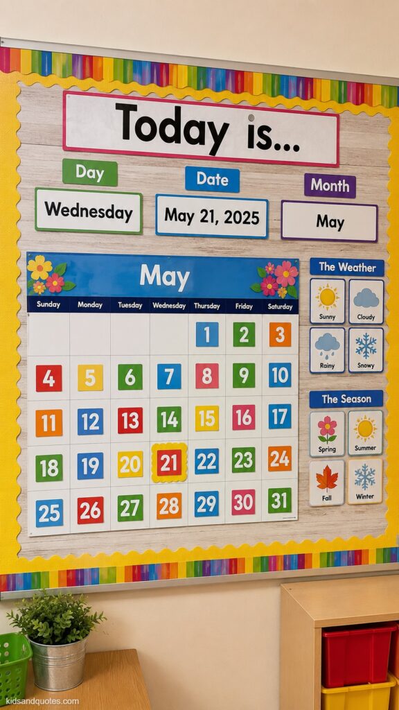 A classroom calendar bulletin board set, monthly grid with colorful numbered date cards, a "Today is..." headline strip with Day/Date/Month cards, small weather and season icons in the corner, bright primary colors.