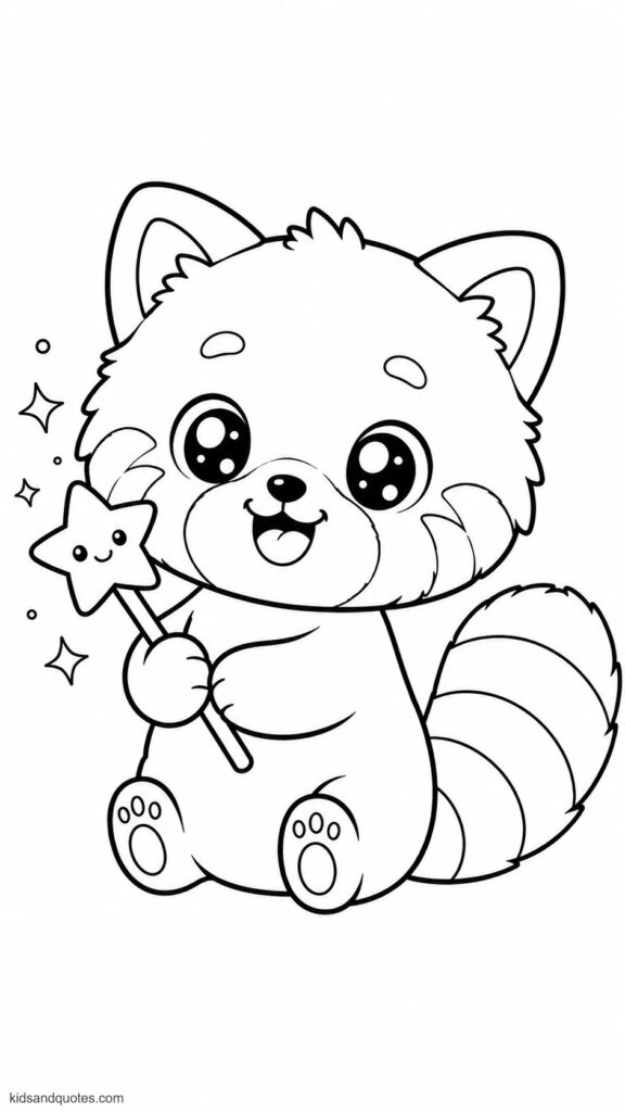 Coloring Page: Chubby red panda holding a little star wand, oversized eyes, a happy smile, tiny paws, and a fluffy striped tail.