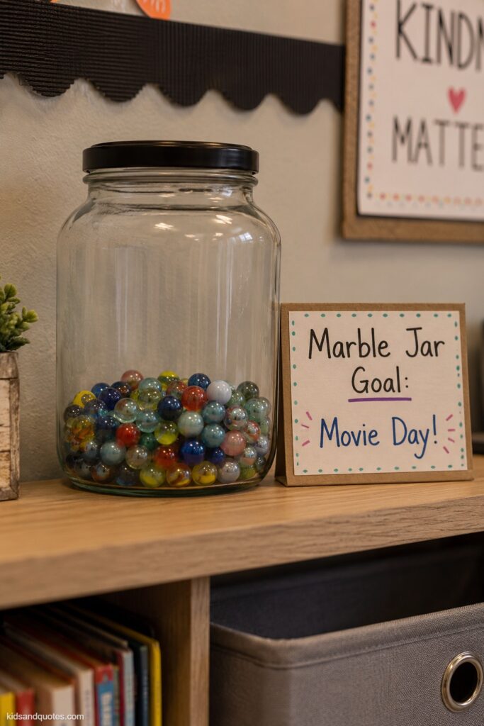 Photo of a classroom marble jar or punch-card reward chart on a shelf or wall, a clear glass jar partly filled with colorful marbles next to a small handwritten goal sign ("Marble Jar Goal: Movie Day!").