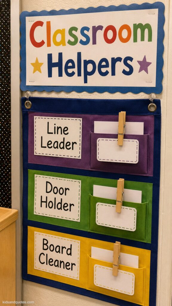 A "Classroom Helpers" job chart mounted on a wall, library-pocket style with small labeled library card pockets under each job title (Line Leader, Door Holder, Board Cleaner), colorful cardstock, clothespins with blank name tags clipped on.
