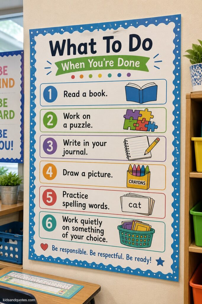 Photo of a "What To Do When You're Done" classroom procedures chart, numbered checklist with small icons (read a book, work on puzzle, journal), simple clean layout on colorful poster board, mounted on a wall near a student desk area.