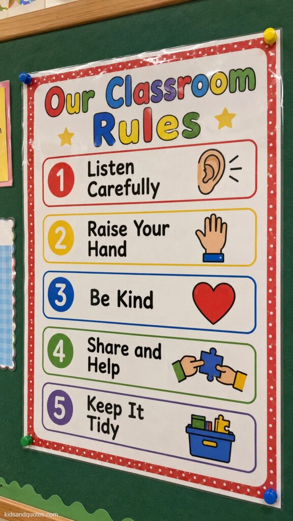 A colorful laminated classroom rules poster pinned to a green bulletin board.