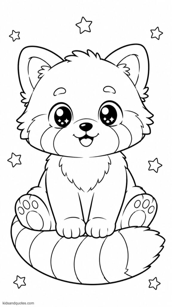 Coloring page of a cute seated red panda with very wide sparkling eyes, a sweet smile, fluffy cheeks, and a large bushy striped tail.