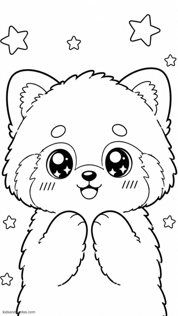 Coloring page of a cute red panda face and upper body, with small stars floating around its face.