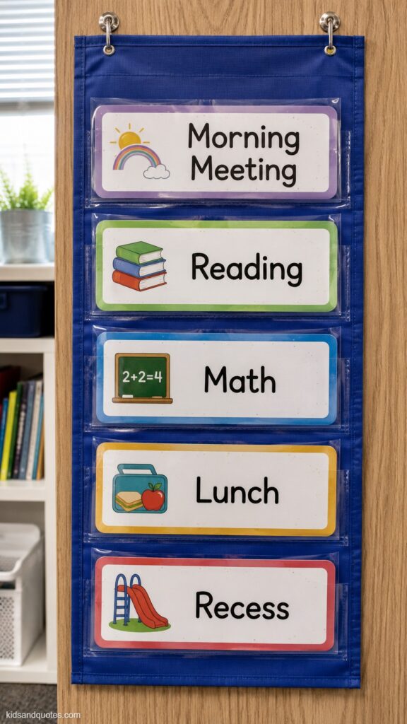 A classroom daily schedule pocket chart hanging on a wall, individual laminated cards for "Morning Meeting," "Reading," "Math," "Lunch," "Recess" slid into clear plastic pockets.