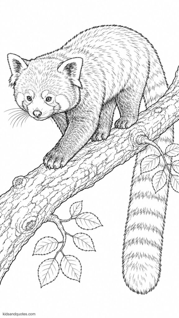 Coloring page PDF of a red panda walking carefully along a tree branch - bushy tail rings, white face markings, pointed ears, dark paws, and textured fur.
