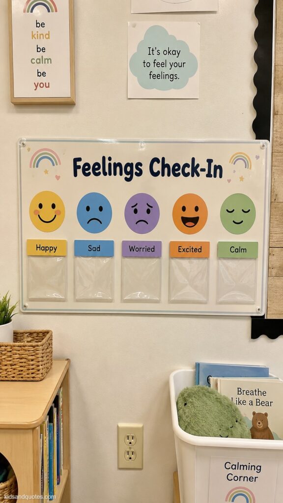 Photo of a feelings check-in chart with a row of simple emoji-style face icons (happy, sad, worried, excited, calm) each with a small library pocket or clip below for a name tag, pastel color scheme, mounted at child height on a classroom wall.