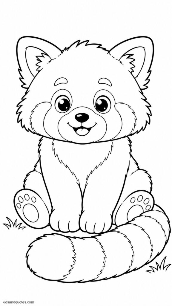 Free coloring page of a a fluffy red panda sitting down with a round happy face, big eyes, and a gentle smile. Paws resting in front and the striped tail curled beside the body.