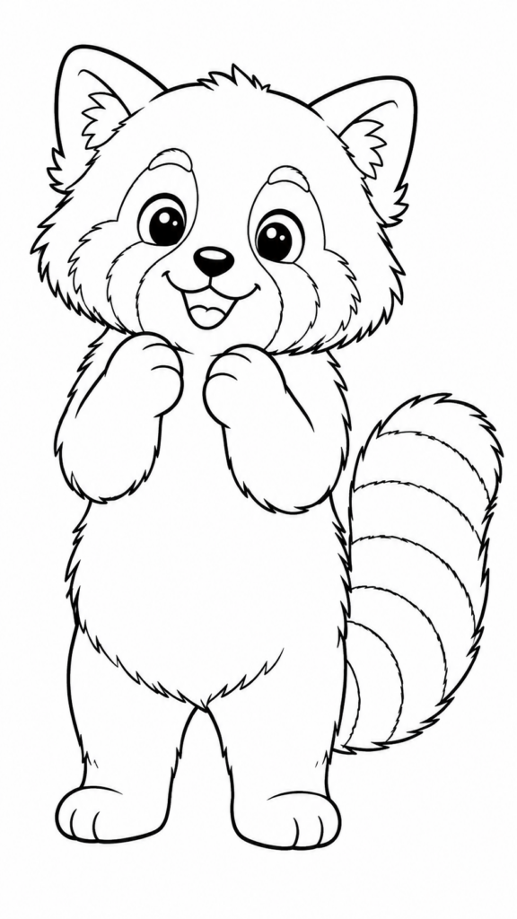 Coloring page: A fluffy red panda standing on its hind legs in a playful pose. Big round face, bright eyes, small triangular ears, and a large striped tail balancing behind it.