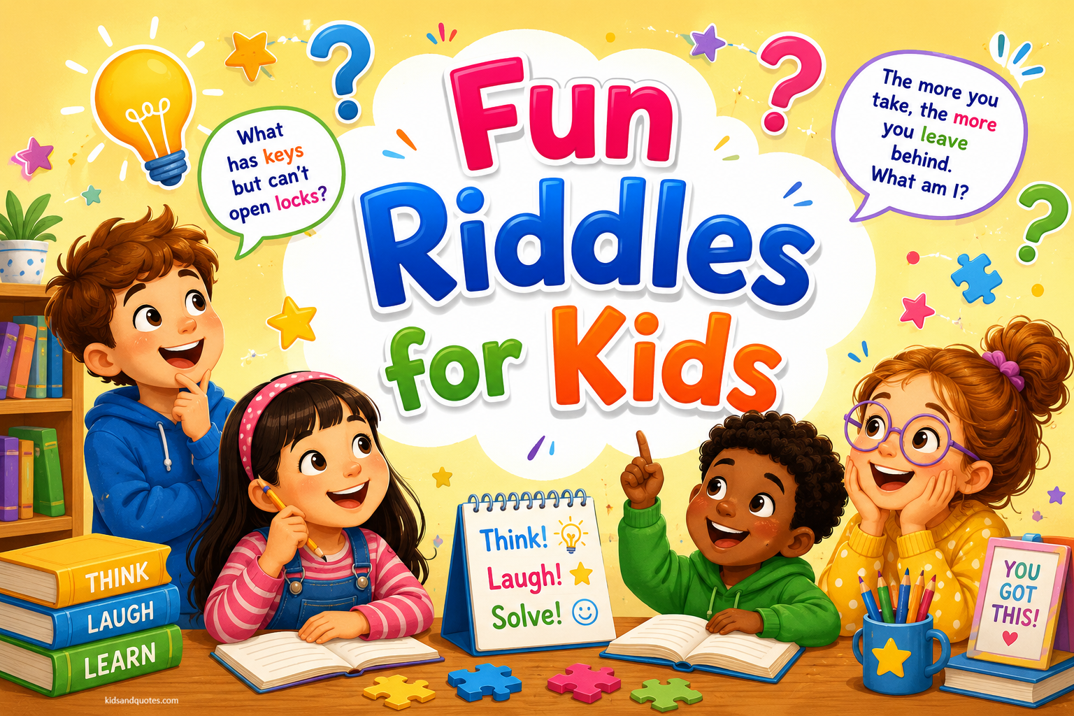 Fun riddles: Colorful illustration of four smiling children solving riddles with books, puzzle pieces, question marks, lightbulbs.