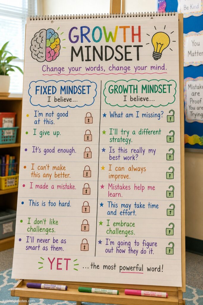 Photo of a growth mindset anchor chart, two columns comparing "Fixed Mindset" phrases vs. "Growth Mindset" phrases, hand-lettered chart-paper style with a simple brain or lightbulb graphic at the top, mounted on an easel.