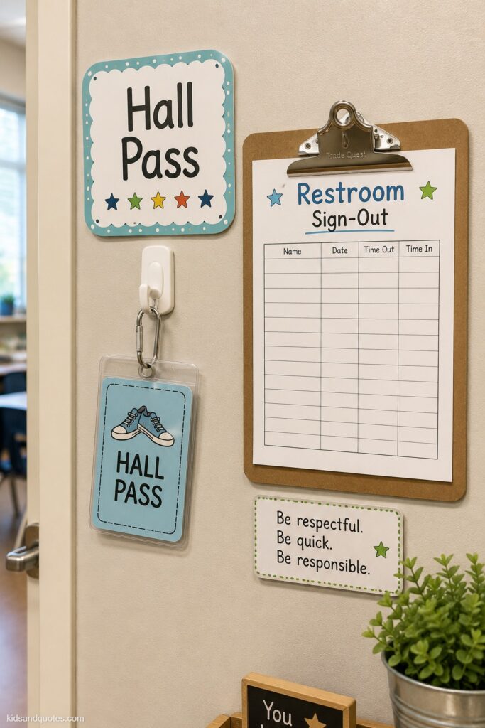 Photo of a simple hall pass sign-out chart near a classroom door, small laminated pass hanging on a hook with a clipboard sign-out sheet beside it, neutral wall background.