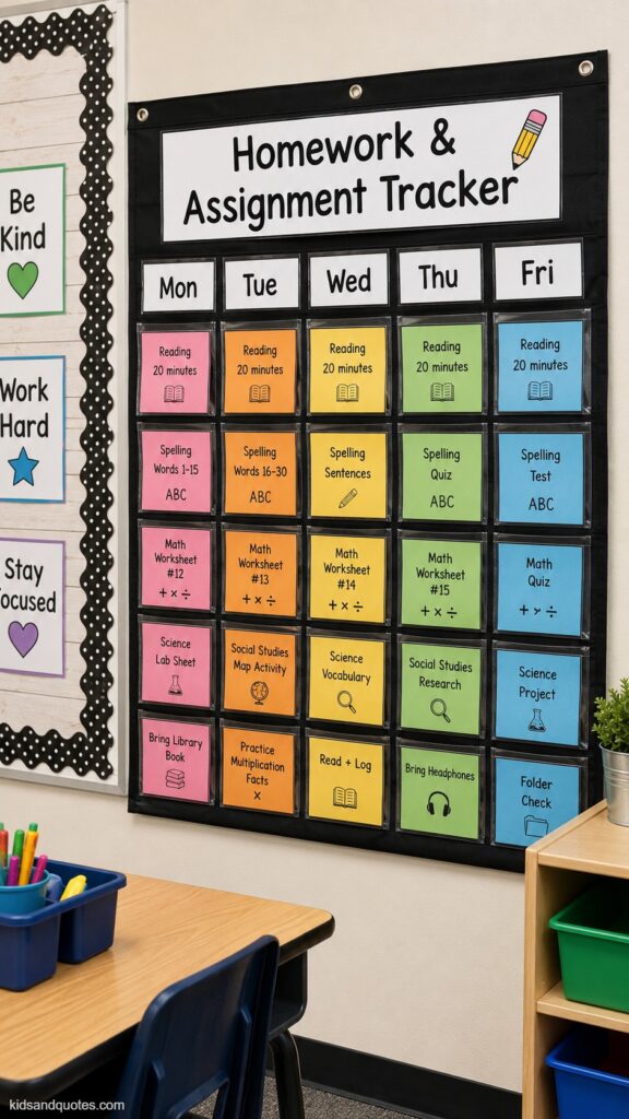 Photo of a homework/assignment tracker pocket chart, labeled columns for each day of the week (Mon–Fri) with small color-coded cards, mounted on a classroom wall near desks.