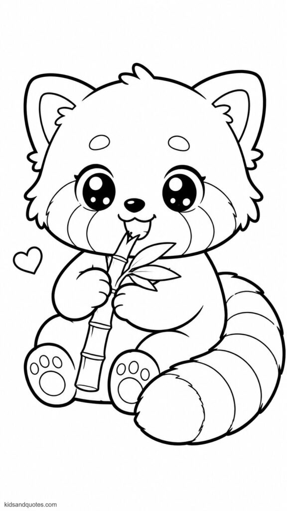 Free coloring sheet: kawaii red panda eating a bamboo snack - chubby little body, oversized eyes, a small smiling mouth, tiny paws, and a fluffy tail.