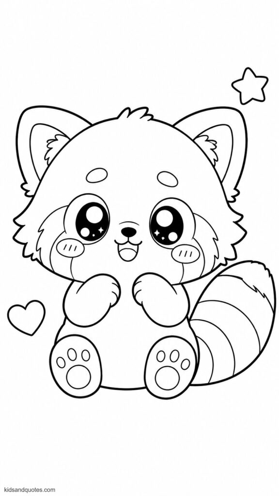 Coloring sheet of a red panda with oversized sparkling eyes, tiny paws, blushing cheeks, and a chubby body.