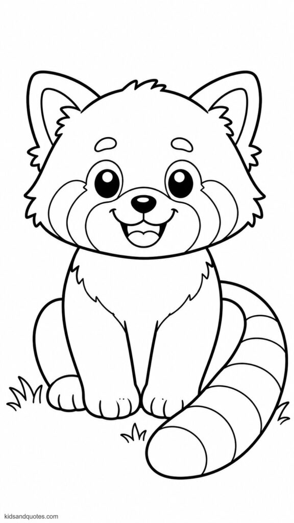 Coloring page of a kindergarten-friendly red panda with a big smiling face, simplified paws, and a fluffy striped tail.