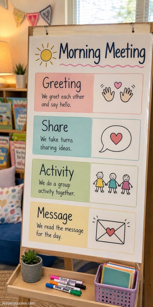 A "Morning Meeting" chart displayed on an easel or wall, sections labeled "Greeting," "Share," "Activity," "Message," simple hand-drawn-style icons, soft pastel color palette, cozy classroom reading-corner.