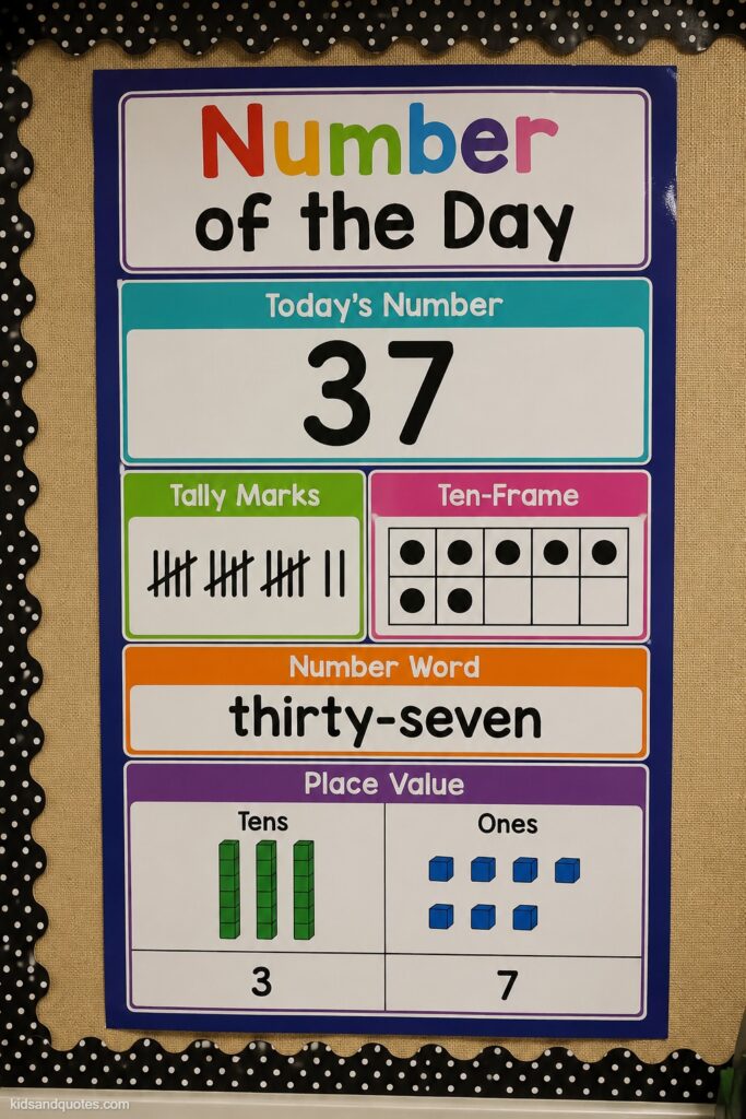 Photo of a "Number of the Day" math anchor chart poster, sections showing tally marks, ten-frame, number word, and place value blocks for a sample number, colorful laminated cardstock, mounted on a bulletin board.