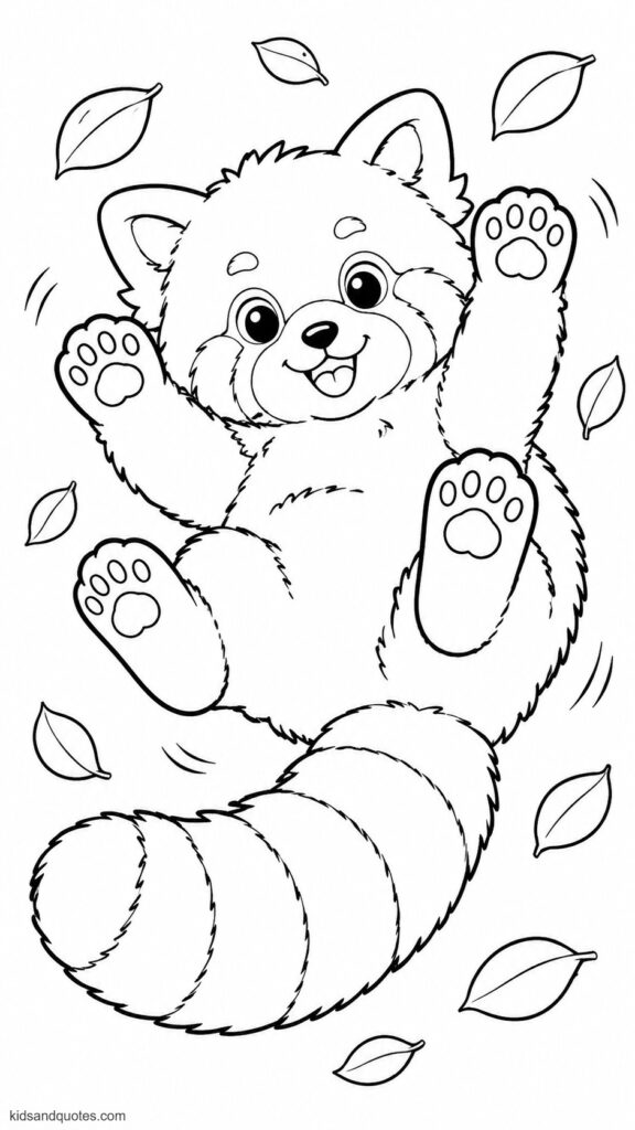 Coloring page: A playful red panda rolling on its back with paws lifted in the air; cheerful and energetic, with fluffy fur, a round face, expressive eyes, and a big striped tail curved around the body.