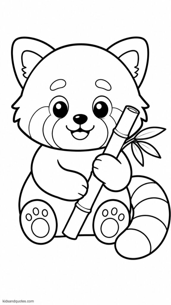 Coloring page of a preschool-friendly red panda holding one bamboo stick - a large round face, smiling expression, and simplified body shapes.