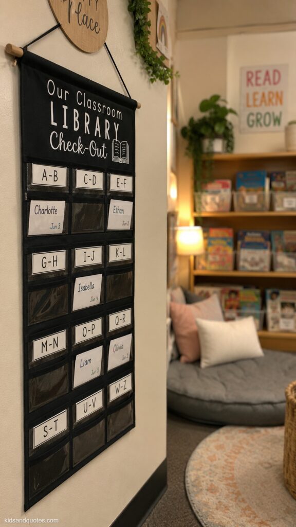 Photo of a small classroom library check-out chart mounted beside a cozy reading nook with a bookshelf, library-pocket cards system for checking out books.