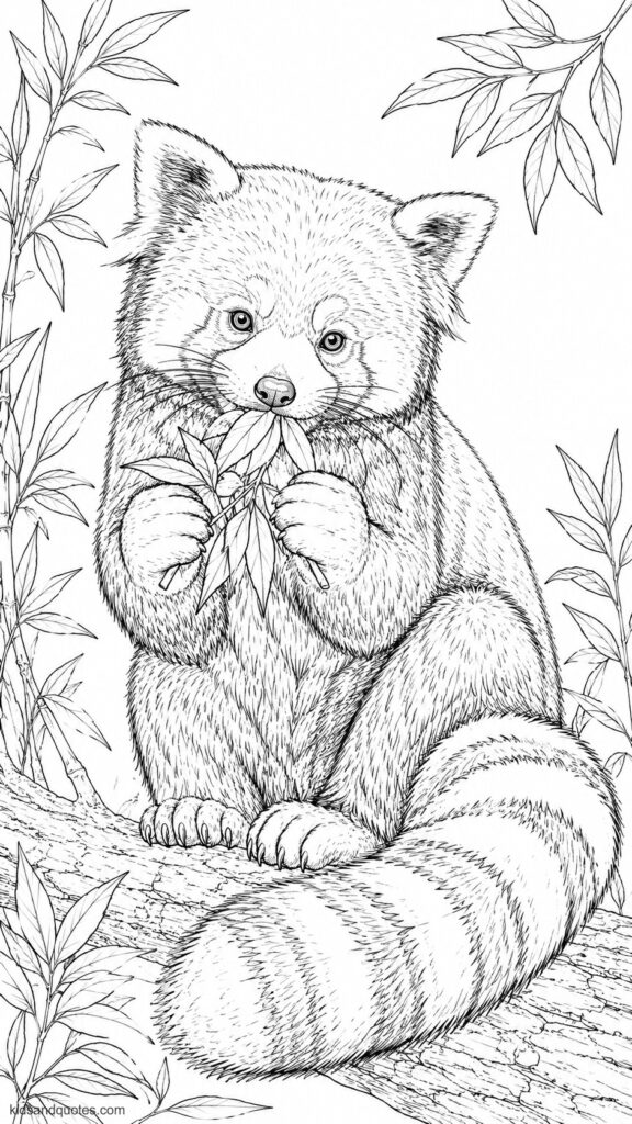 Coloring page of a realistic red panda eating leaves.