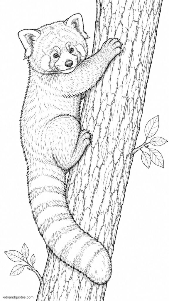 Free coloring page of a a red panda climbing a textured tree trunk, realistic fur detail, face markings, pointed ears, and striped tail rings.