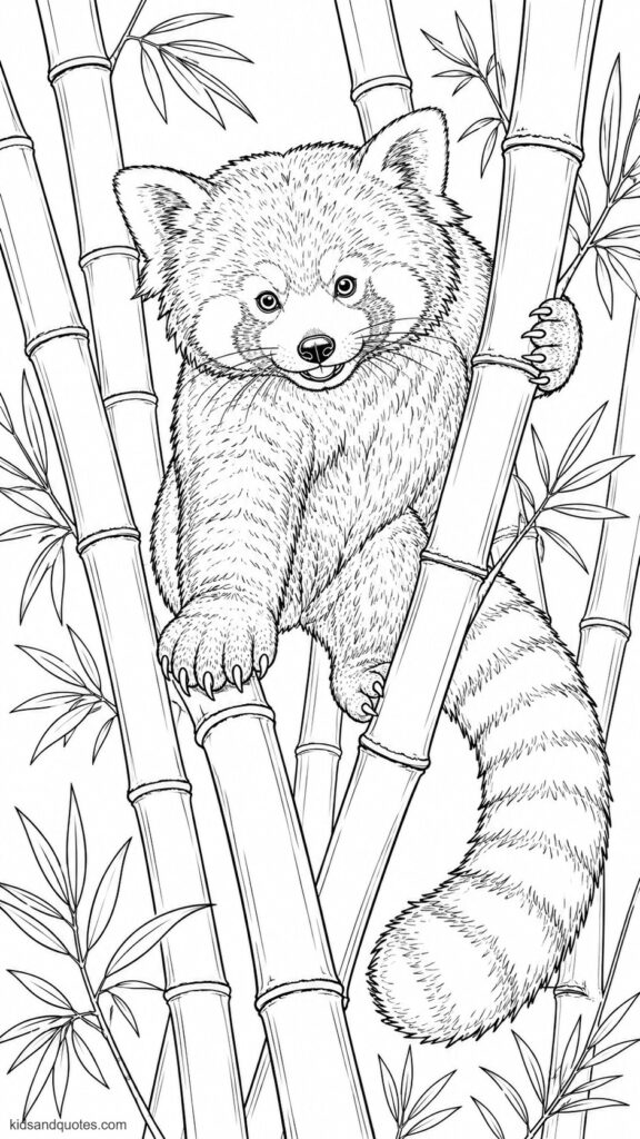 Coloring sheet of a red panda climbing through bamboo stalks - moving playfully among several tall bamboo stems, with one paw reaching forward and the tail curved behind.