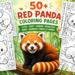 A colored red panda on a tree branch surrounded by black-and-white printable red panda coloring page previews in a bamboo forest.