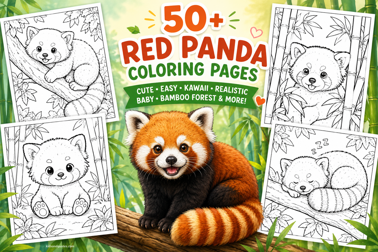 A colored red panda on a tree branch surrounded by black-and-white printable red panda coloring page previews in a bamboo forest.