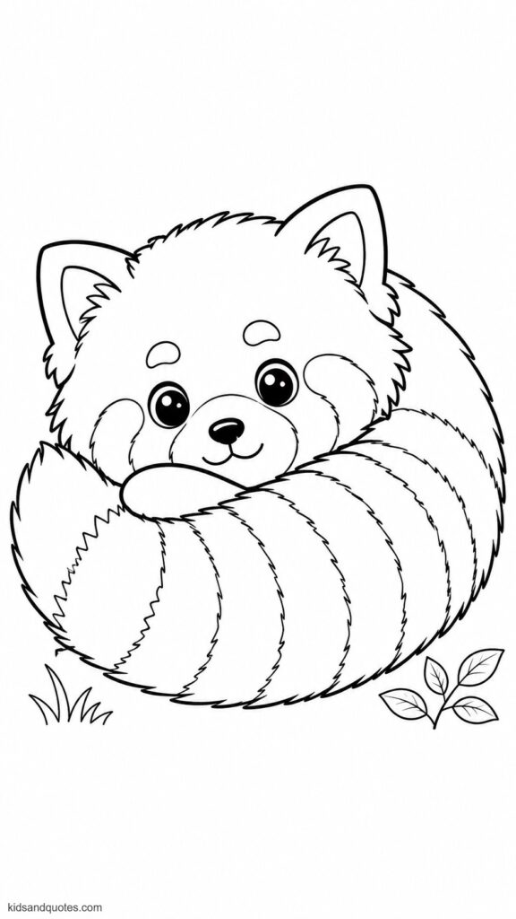Coloring page of an adorable red panda curled up like a fluffy ball. Its large striped tail wrapped around its body, and its face still visible with big cute eyes and a gentle smile.