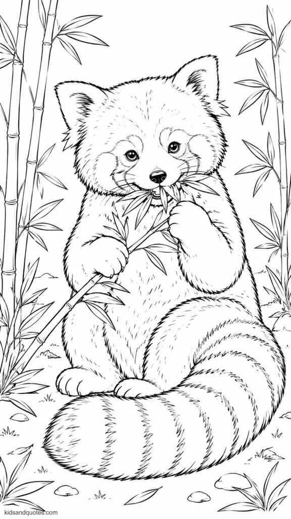 Coloring page of a red panda eating bamboo leaves - holding a bamboo stem with its paws, with fluffy fur, white face markings, pointed ears, and a striped tail.
