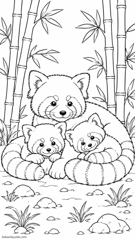 Coloring page of a small red panda family resting near bamboo trees.