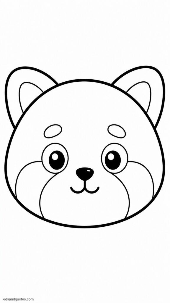 Coloring page: A large red panda head outline with rounded ears, big circular eyes and a tiny smiling mouth.